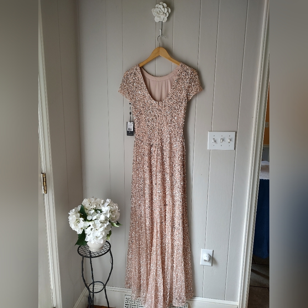Adrianna Papell Formal Sequin Dress Sz 2 Champagne Beige Train - Picture 4 of 11